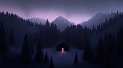 Wall Mural - scene is peaceful and serene, as the cabin is surrounded by trees
