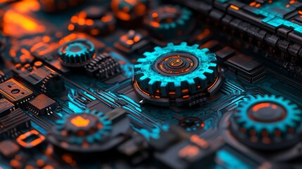 Poster - A digital depiction of linked gears and circuits