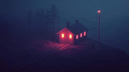 Wall Mural - a small red house is lit up in the dark