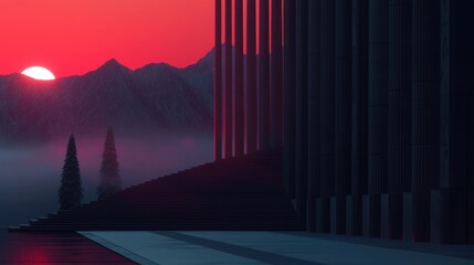 Wall Mural - a sunset over a mountain range with a tree in the foreground