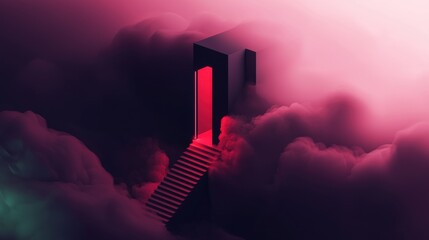 Wall Mural - a dark room with a red door and stairs leading up to it