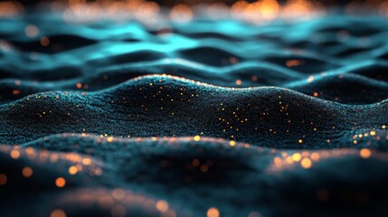 Poster - Abstract visualization of flowing waves adorned with glowing particles