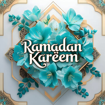 A beautiful Ramadan banner adorned with delicate turquoise flowers, creating a serene and elegant backdrop.