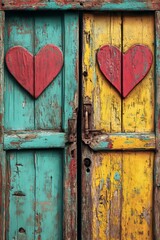 Poster - Heart-shaped motifs in vibrant hues on colorful wooden planks