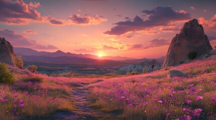 Wall Mural - A peaceful landscape bathed in the gentle hues of a serene sunset, with a vibrant flower-filled path winding through it