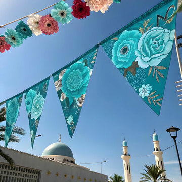 A beautiful Ramadan banner adorned with delicate turquoise flowers, creating a serene and elegant backdrop.