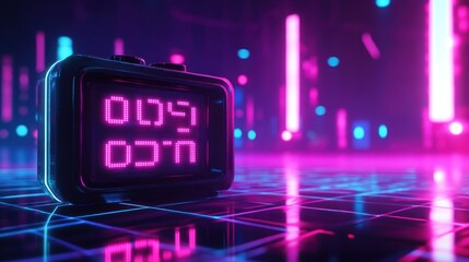 Poster - Retro clock, neon city, digital time, futuristic background, gaming