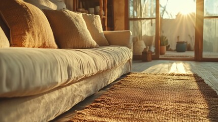 Poster - A living space, cozy and inviting, with a plush sofa adorned by natural decor elements