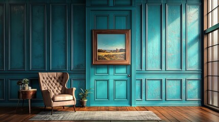 Poster - A modern room, complete with a chair, artwork, and plants, sets a cozy tone