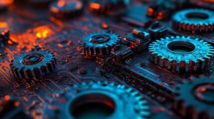 Poster - A graphic representation of intertwined gears and electronic pathways