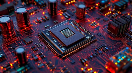 Poster - Zoomed-in picture of a shining microchip on a circuit board, representing technological innovation