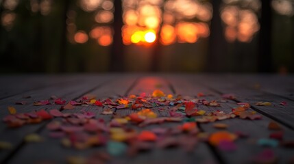 Wall Mural - Autumn Sunset: Fallen Leaves on Wooden Deck