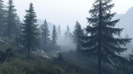 Aufkleber - Misty Mountain Forest Path with Tall Evergreen Trees