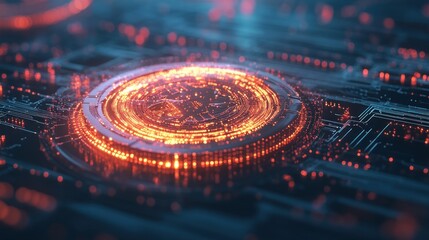 Poster - Glowing circuit board core activating; tech background