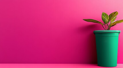 Poster - Green plant is sitting in a green container on a pink wall. The plant is small and the container is large