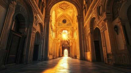 Aufkleber - Golden Sunlight Illuminates Ornate Palace Corridor