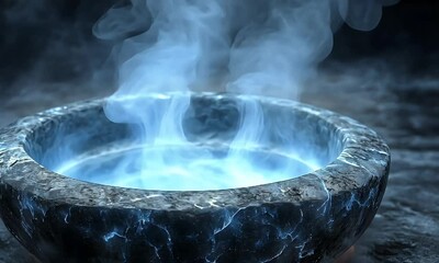 Wall Mural - A mystical, glowing bowl emanating blue smoke, suggesting a magical or otherworldly purpose.