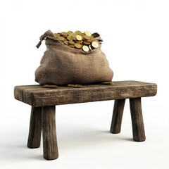 Canvas Print - A burlap sack filled with gold coins rests on a rustic wooden stool