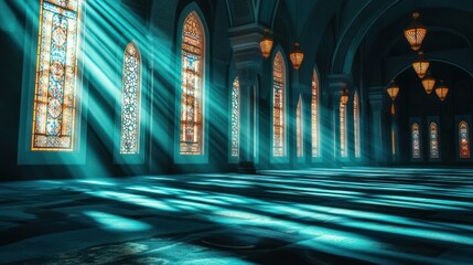 Poster - Sunbeams Illuminate Stained Glass Mosque Hallway