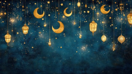 Poster - Golden Moons Stars and Lanterns Hanging Night Sky