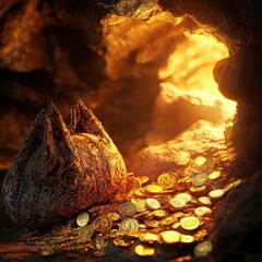 Canvas Print - Ornate treasure chest spilling gold coins in a cave