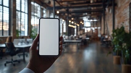 Poster - Person holding smartphone in modern office setting