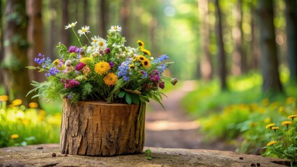 Wall Mural - Freshly cut wildflowers arranged in a rustic wooden vase on a forest floor, rustic, wood