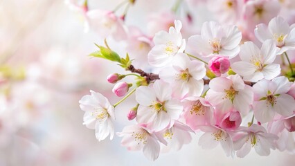 Wall Mural - Delicate cherry blossoms with pale pink petals and subtle green stems unfolding against a soft white paper background, evoking a sense of gentle spring mornings , cherry blossom, nature photography
