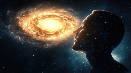 contemplation of the cosmos: a human silhouette and galaxy