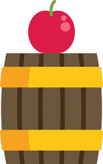 Poster - Single red apple is standing on a wooden barrel with yellow metal hoops, isolated on white background