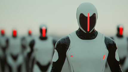 futuristic robot army with glowing red lights marching in a desolate landscape, showcasing advanced 