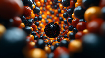 Poster - Glossy red, orange, blue spheres constructing tunnel like formation surrounding textured dark central orb, generating dramatic visual contrast and depth
