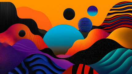 Poster - Vibrant abstract landscape with floating spherical forms and fluid curves, merging organic shapes and geometric elements into dreamlike visual harmony