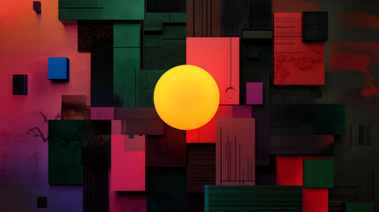 Poster - Luminous yellow sphere casting radiant light across colorful geometric shapes, generating dynamic interplay of shadows in abstract digital rendering