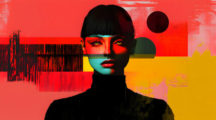 Poster - Stylized portrait featuring woman in black turtleneck, vibrant yellow eyes, red lips emerging from bold abstract background with geometric brush strokes in red, yellow, black, light pink