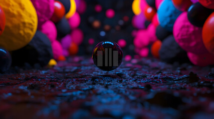 Poster - Dark levitating sphere suspended over textured surface, blurred colorful orbs scattered behind, generating surreal visual composition
