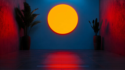 Poster - Potted plants enhancing a dark room, featuring a large orange circle on the wall and vibrant red lights, create a captivating futuristic and tropical atmosphere