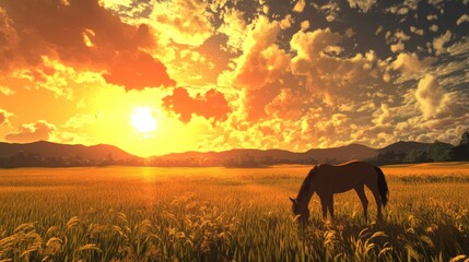 Poster - Golden Sunset Horse Grazing Peaceful Field