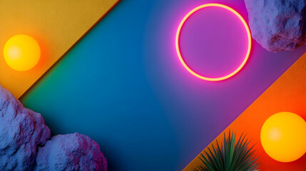 Poster - Glowing pink neon circle intersecting orange, yellow panels amid rocky tropical landscape, delivering vibrant, contemporary graphic design aesthetic