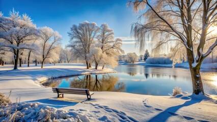 Wall Mural - Serene winter landscape of a park on a sunny day with snow-covered trees and a frozen lake in the background