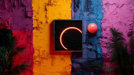 Fototapete - Crescent neon orange light casting glow on textured wall with tropical greenery, pink sphere creating dreamy surreal visual scene