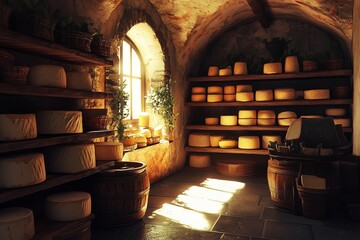 Fototapete - A rustic cheese cellar with shelves filled with cheese wheels and sunlight streaming through an arched window symbolizing traditional food storage