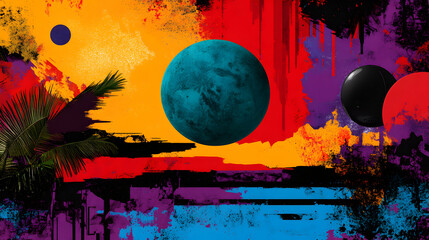Poster - Colorful abstract painting featuring planetary landscape, silhouetted palm tree, and energetic brushwork blending cosmic elements with surreal visual texture