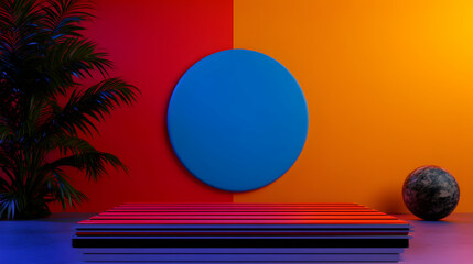 Poster - Neon lit staging featuring tropical greenery, oversized blue circle against warm toned textured wall, creating dynamic geometric composition