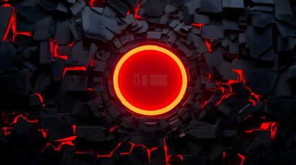 Poster - Luminous red orange circular shape penetrating fractured dark surface, surrounded by angular geometric elements suggesting breakthrough, power, technological innovation