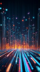 Poster - Abstract glowing cityscape with vibrant lights and streaks of blue and orange hues