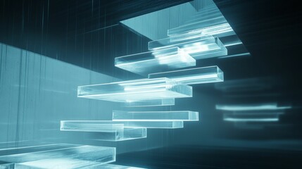 Wall Mural - Glowing translucent steps ascend in a dark room.