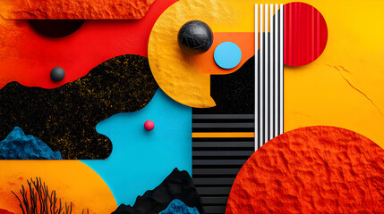 Poster - Vivid geometric shapes and spheres intertwining with textured surfaces, generating dynamic color interactions and abstract visual complexity