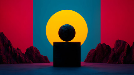 Poster - Geometric 3D sphere balancing on cube, framed by yellow circle, mountain silhouettes, minimalist digital rendering with vivid color palette