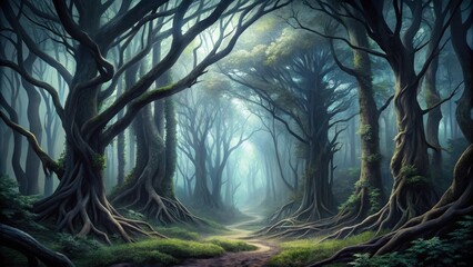 Wall Mural - Dark mysterious forest with tall trees and twisted branches in very dark charcoal colors background, twisted tree, dense foliage